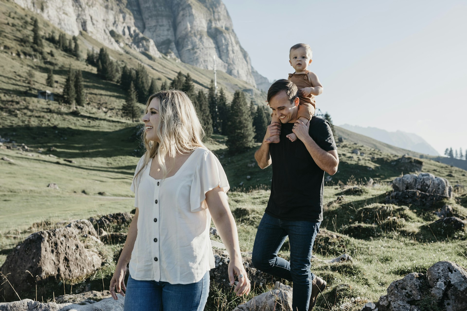 Happy family with their son on a hiking trip in the mountains, Schwaegalp, Nesslau, Switzerland