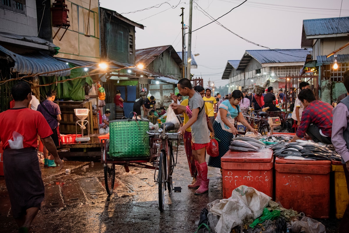 An alley of San Pya Wholesale Fish Market of Yangon, Myanmar.
