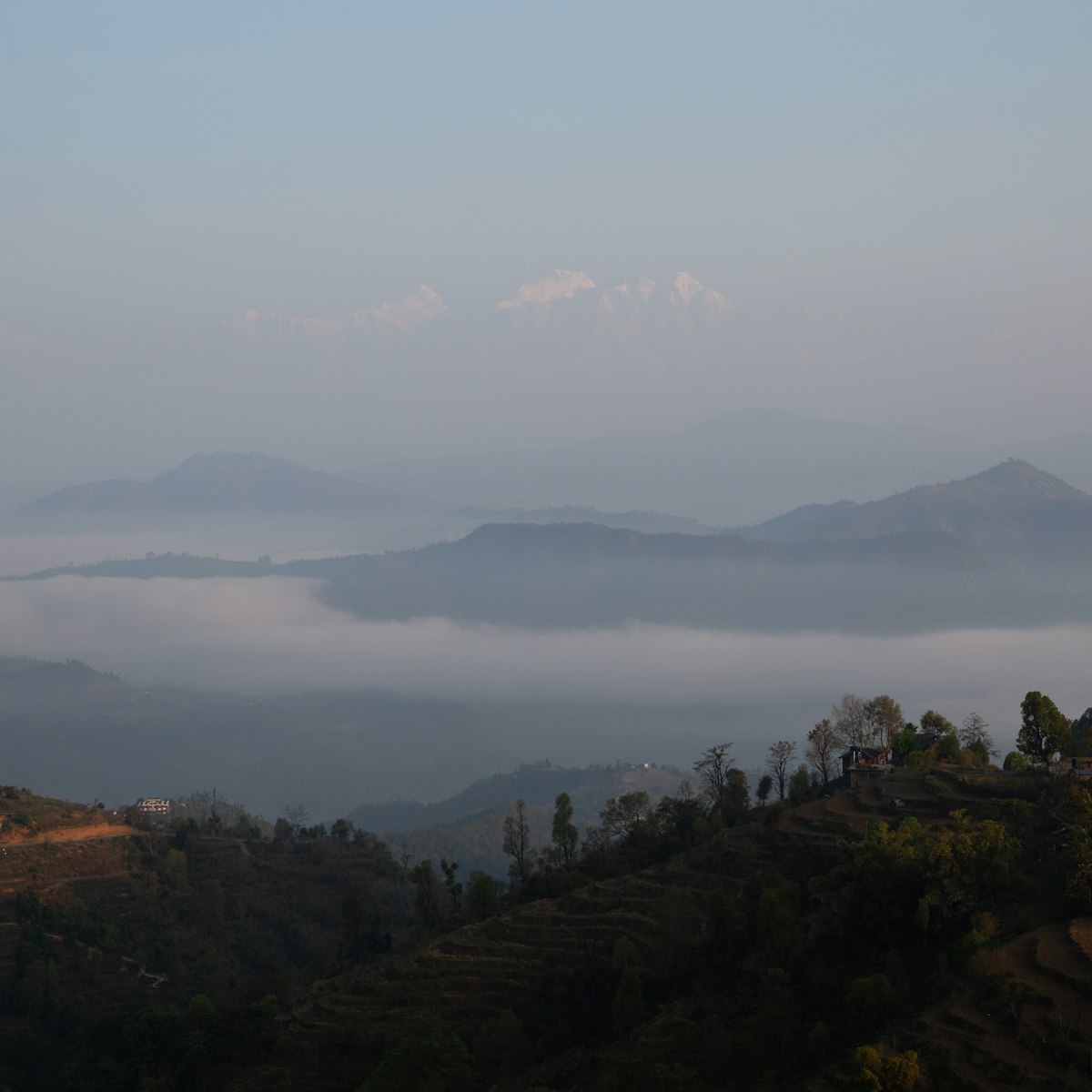 Views of the Himalayas at dawn from The Thani Mai Temple Viewpoint in Bandipur.