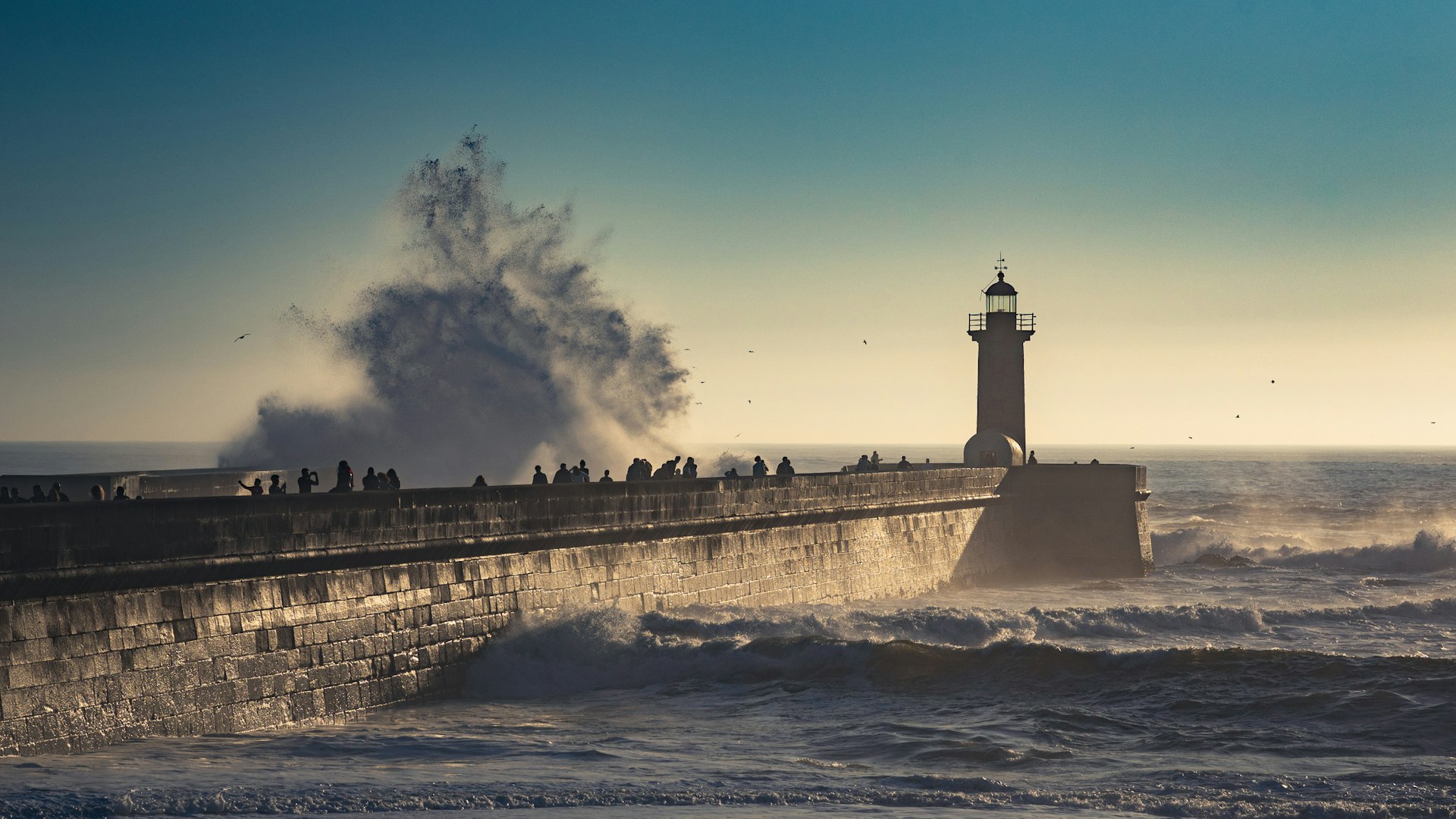 People line a harbor arm that leads to a lighthouse. Large waves crash against the harbor wall and splash high into the air