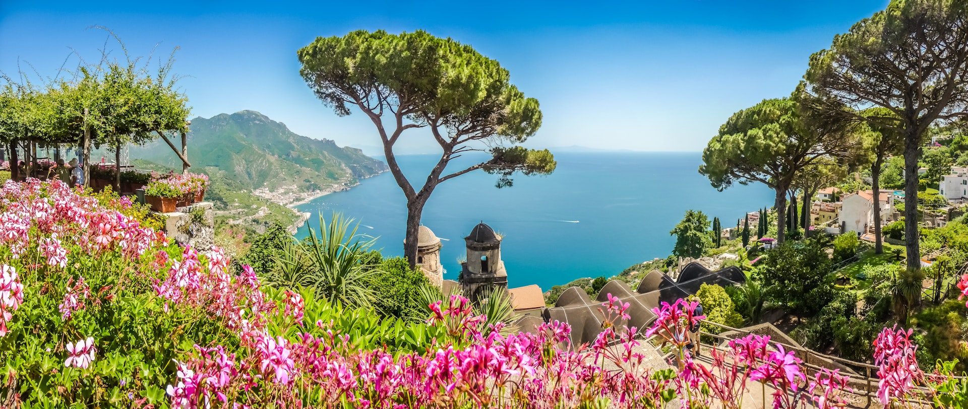 Scenic picture-postcard view of famous Amalfi Coast with Gulf of Salerno from Villa Rufolo gardens in Ravello, Campania,