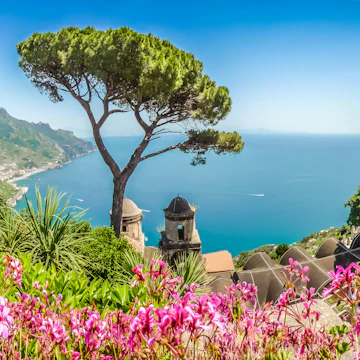 Scenic picture-postcard view of famous Amalfi Coast with Gulf of Salerno from Villa Rufolo gardens in Ravello, Campania, Italy