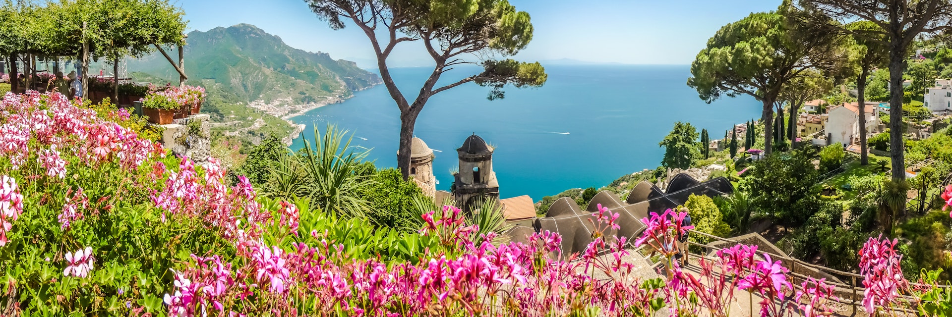 Scenic picture-postcard view of famous Amalfi Coast with Gulf of Salerno from Villa Rufolo gardens in Ravello, Campania, Italy