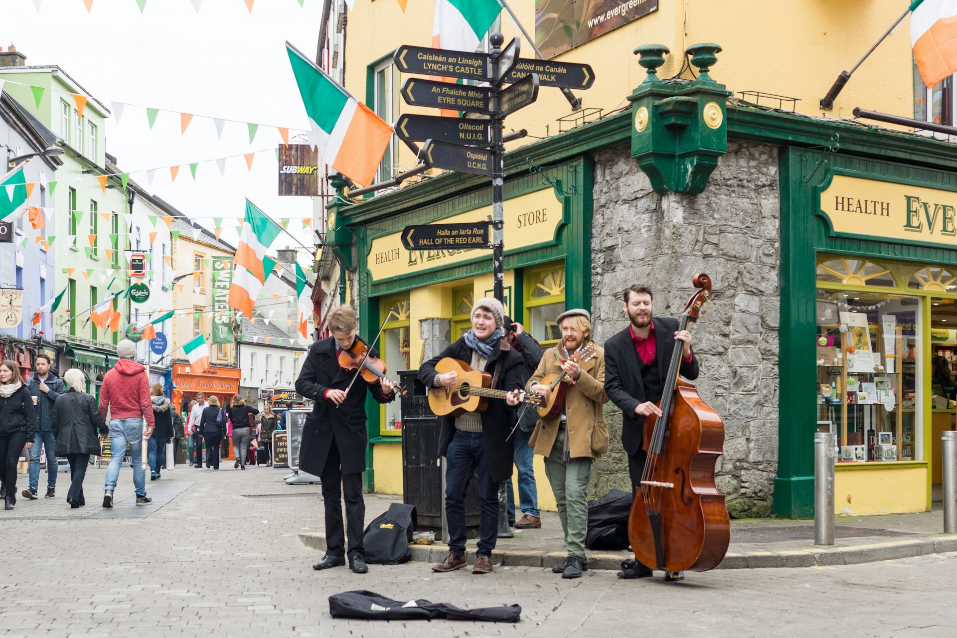 Street musicians perform in Galway City, County Galway, Ireland