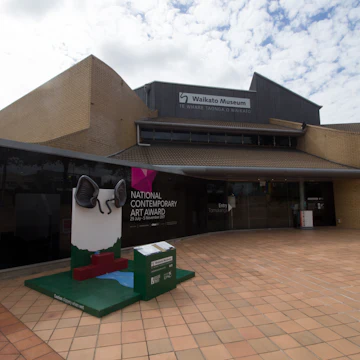 Facade of the Waikato Museum, a regional art museum and cultural center in Hamilton, New Zealand.
