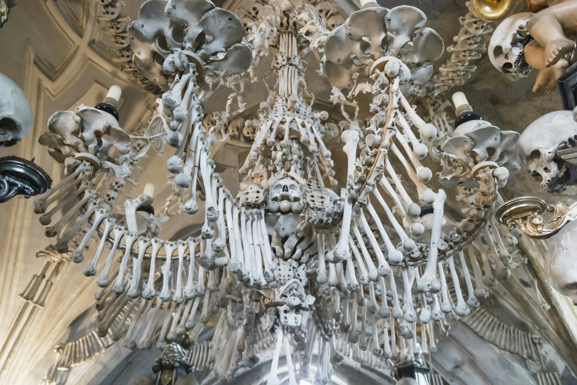 Ossuary interior decoration with human bones and skulls at the Kostnice Church in Kutna Hora, Czech Republic.