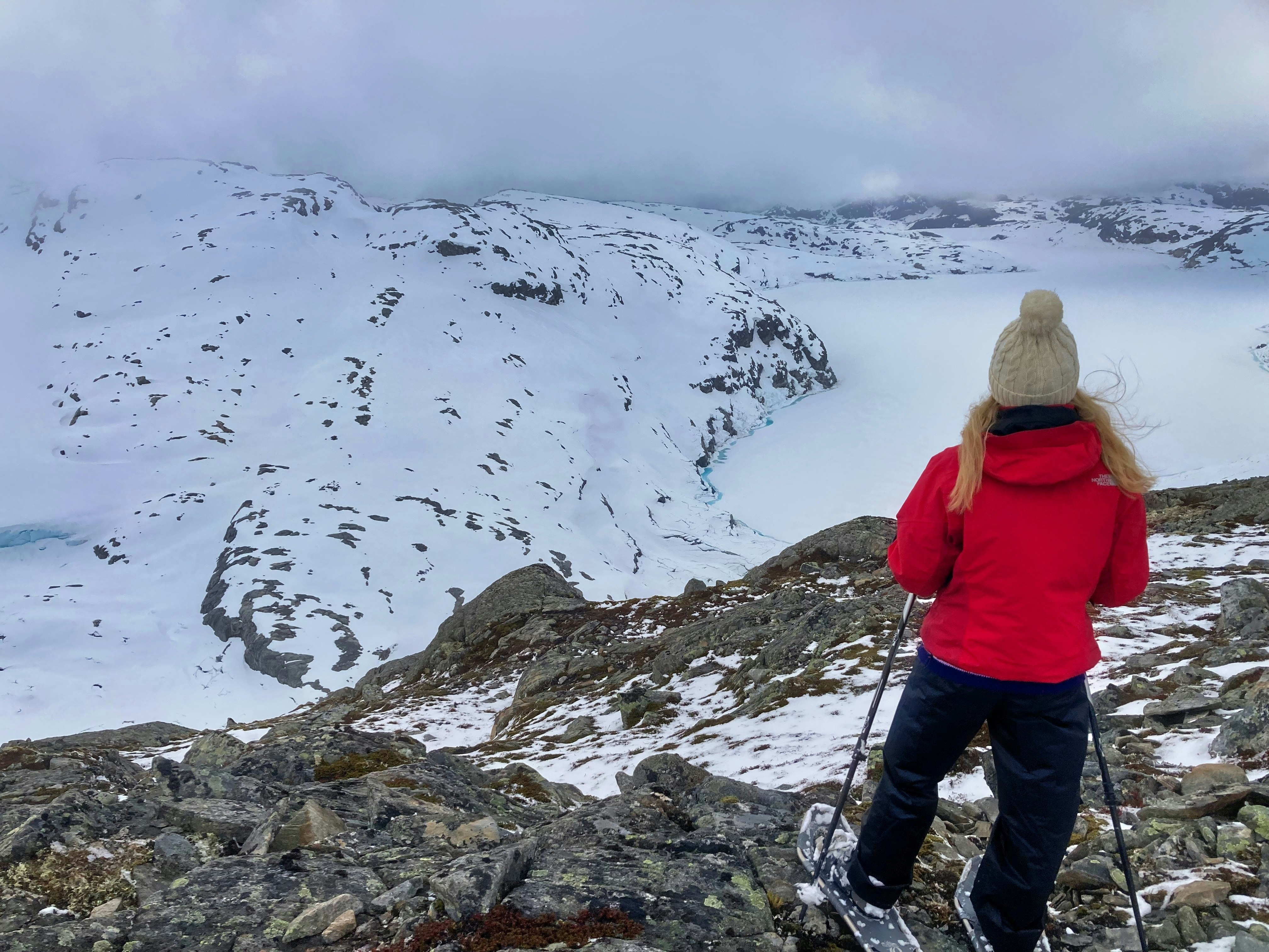 The author snowshoeing in Norway in her fleece gear