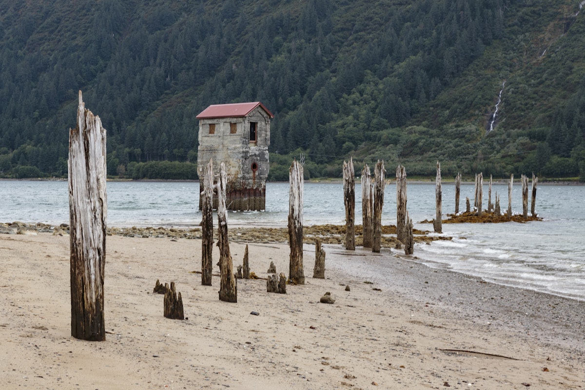 Old pump station at the beach in the Treadwell mine historic park in Juneau, Alaska.
