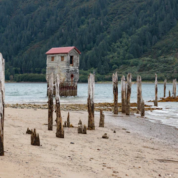 Old pump station at the beach in the Treadwell mine historic park in Juneau, Alaska.