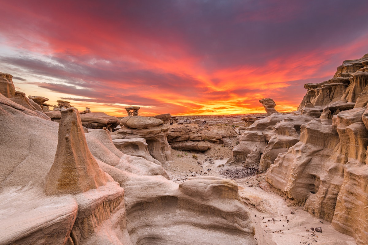 The Alien Throne rock formation just after sunset in Bisti/De-Na-Zin Wilderness, New Mexico.
