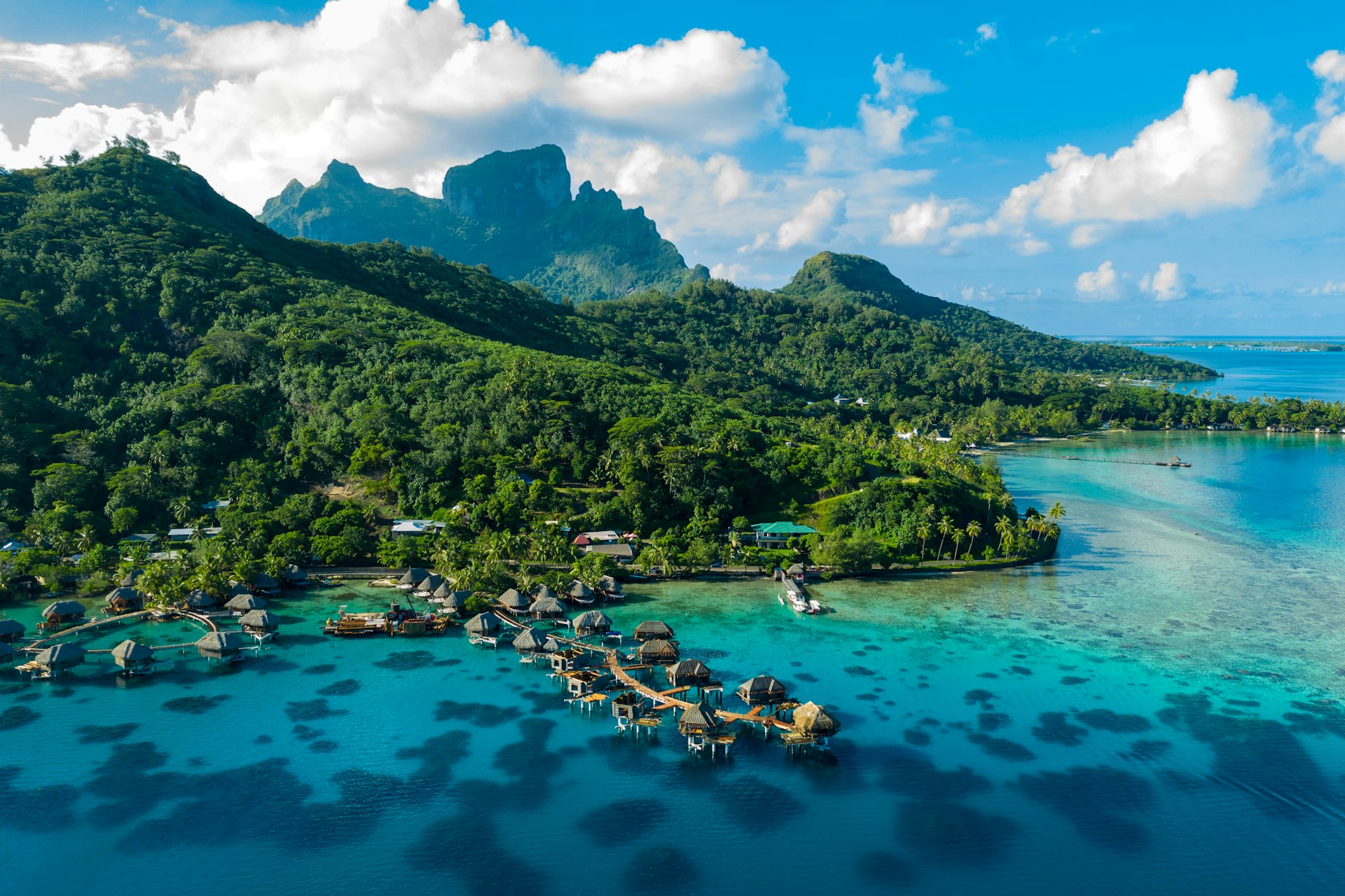 Overwater bungalows in Bora Bora, Tahiti, French Polynesia