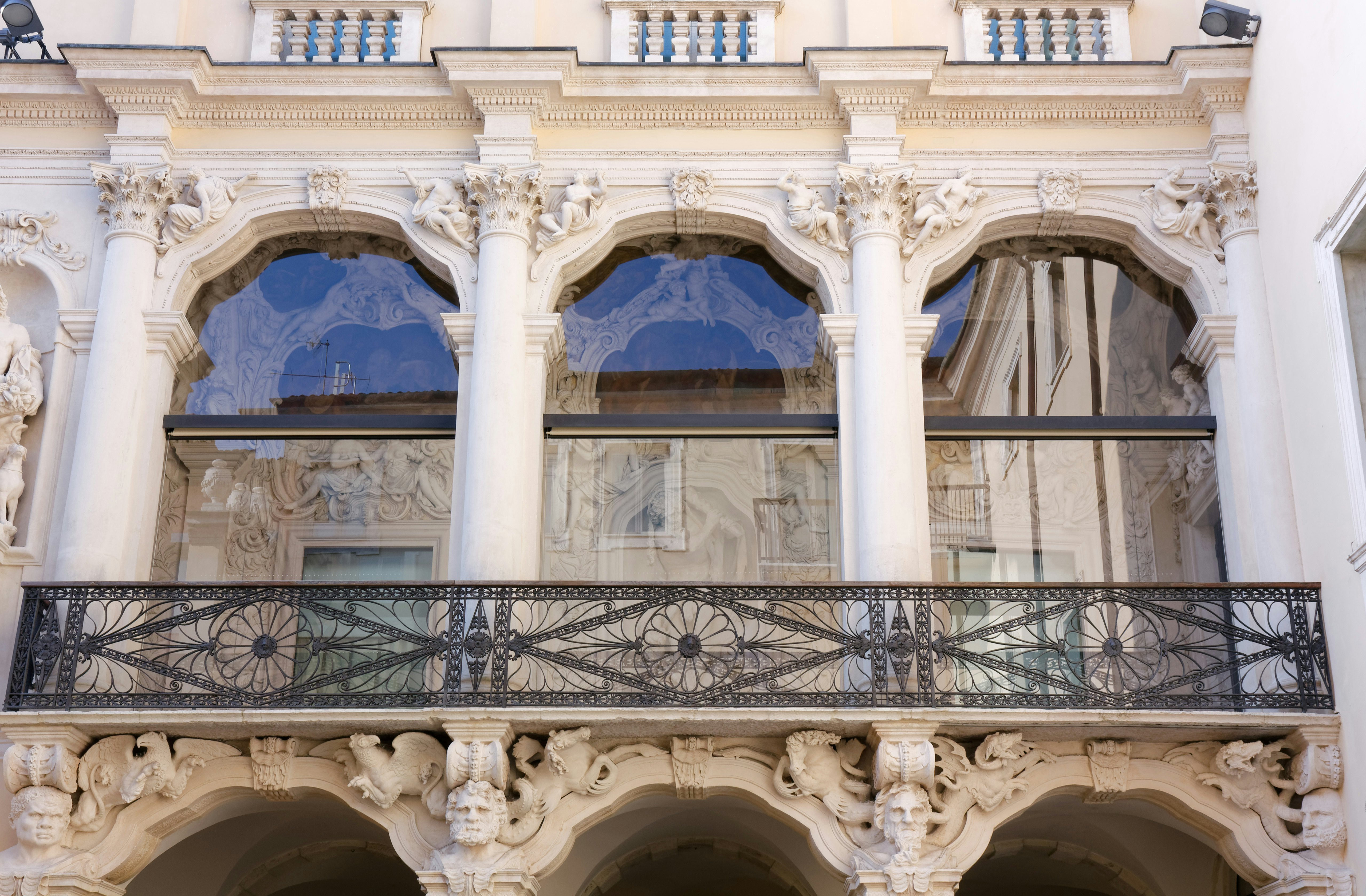 Richly decorated Hercules Loggia in the inside courtyard of the Leoni Montanari Palace.