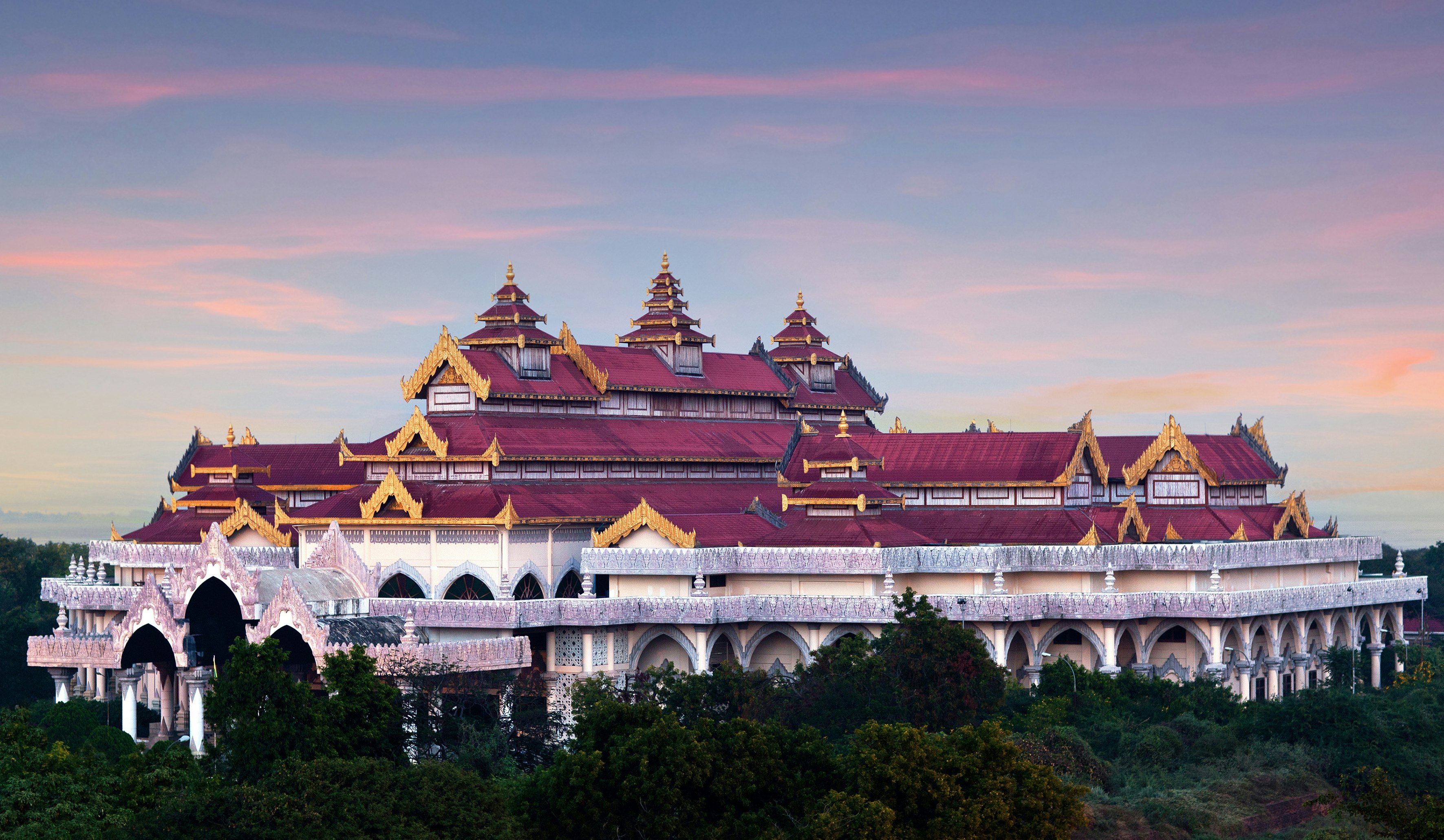 Exterior of Bagan Archaeological Museum at sunset. 