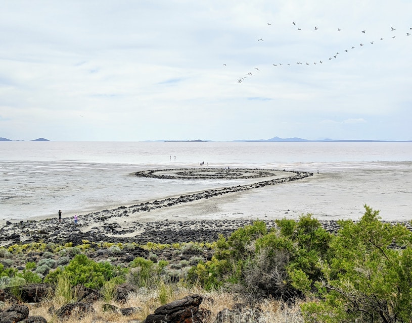 Spiral Jetty in the smmer with views of the Great Salt Lake.