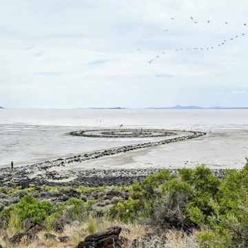 Spiral Jetty in the smmer with views of the Great Salt Lake.