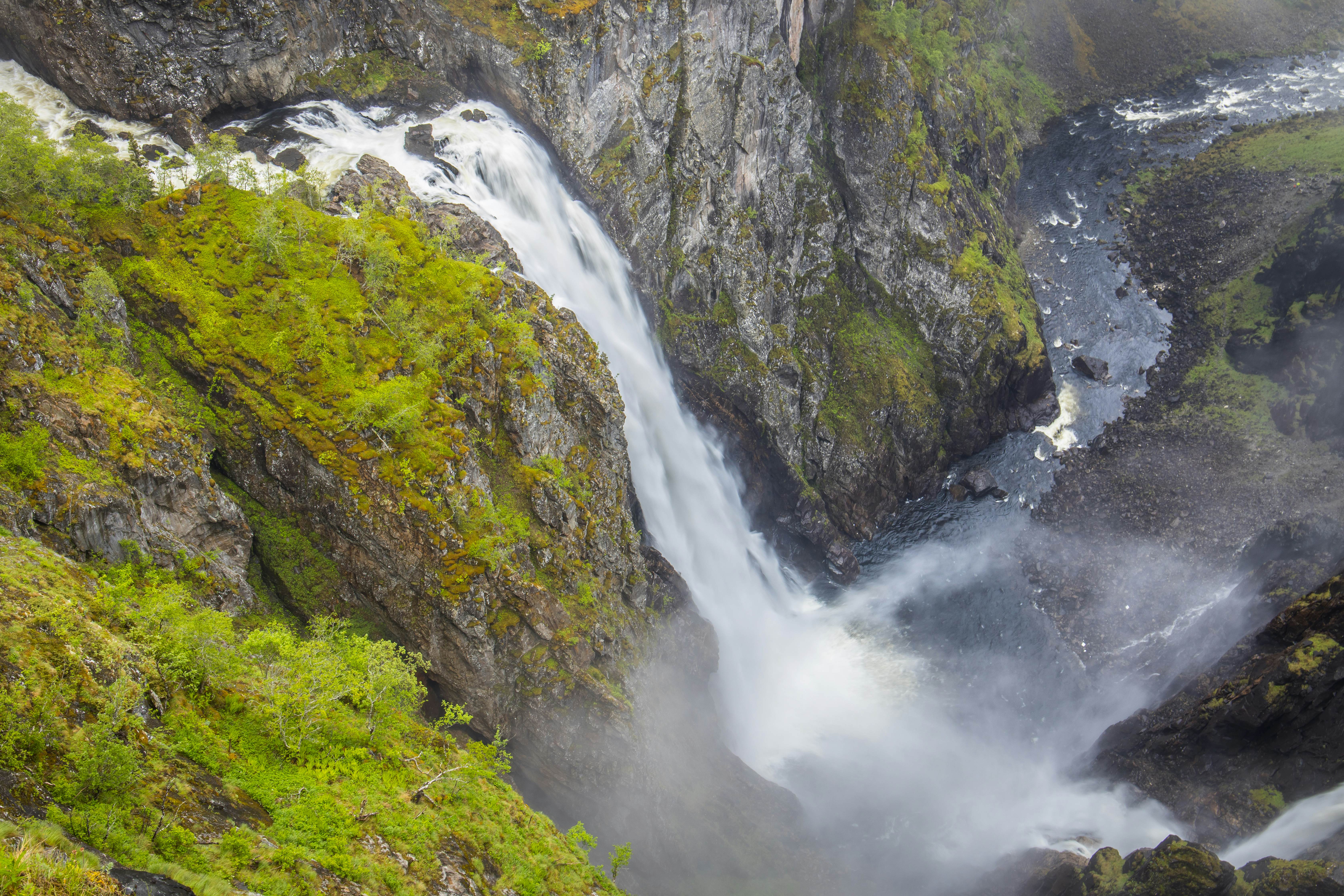 View above Vøringsfossen waterfalls during rainy weather.