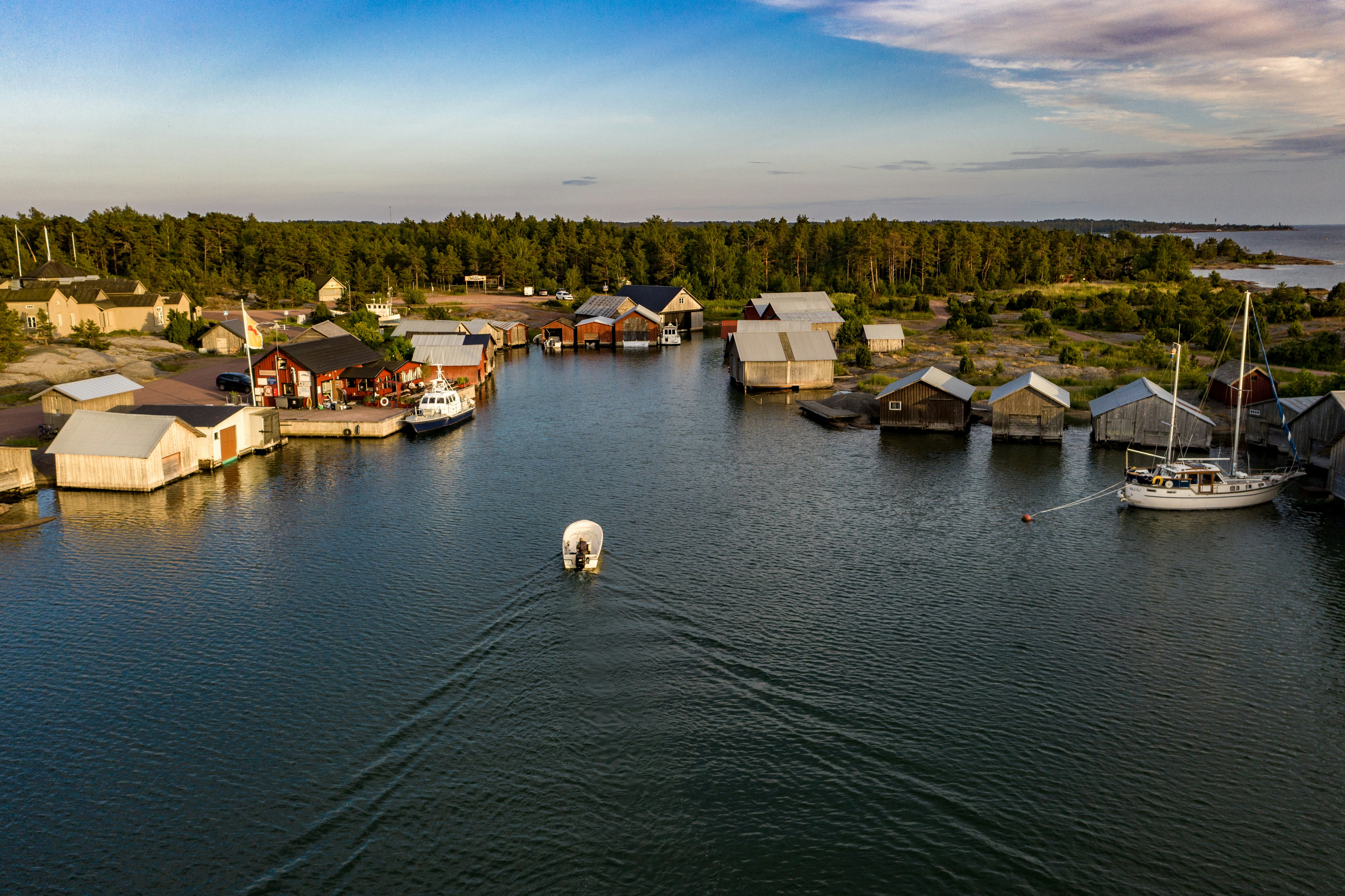 A boat arriving in Karingsund guest harbor, in Aland islands, Finland.