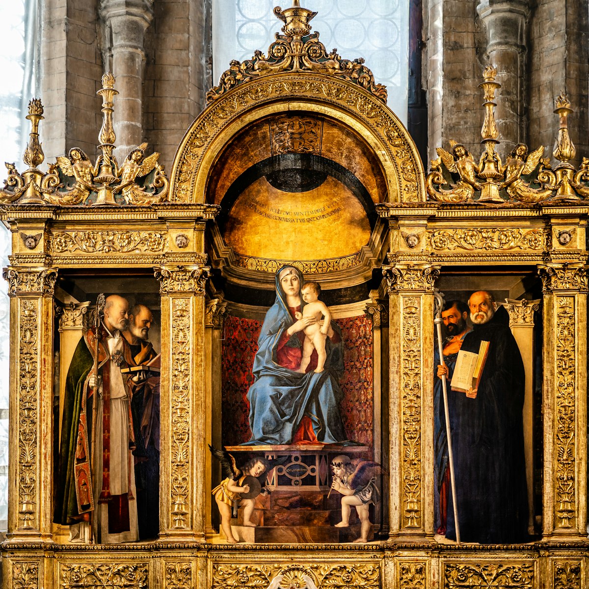 Venice, Italy - November 2022: Madonna with child and saints; Frari triptych painting by Giovanni Bellini from 1488 in the Sacristy altar - Pesaro's Chapel inside the Basilica of Santa Maria Gloriosa dei Frari, Glorious St. Mary of Frari
1487677718
nicholas, peter, saint benedict, saint peter, heritage, mark, saint nicholas, frari, saint mary, madonna, madonna with child, st. mark, st. benedict, sacristy, saint mark, giovanni bellini, benedict