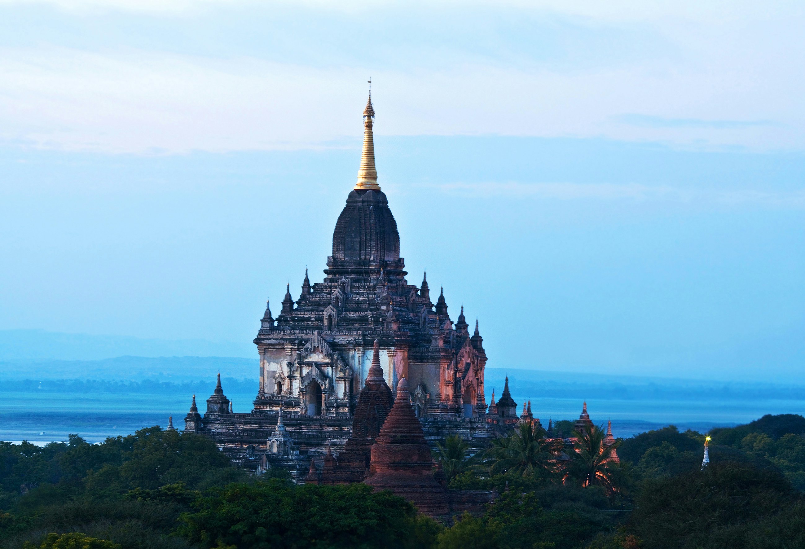 Ancient Gawdawpalin pahto pagoda at twilight in Bagan archaeological zone, Myanmar. 