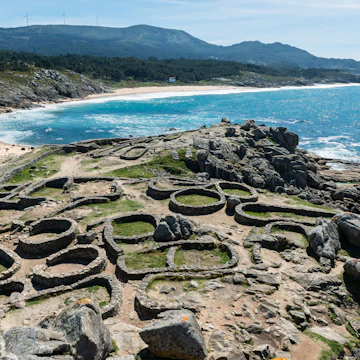 Panorama view of the Castro de Baroña, a fort located in the parish of Baroña in A Coruña, Galicia.