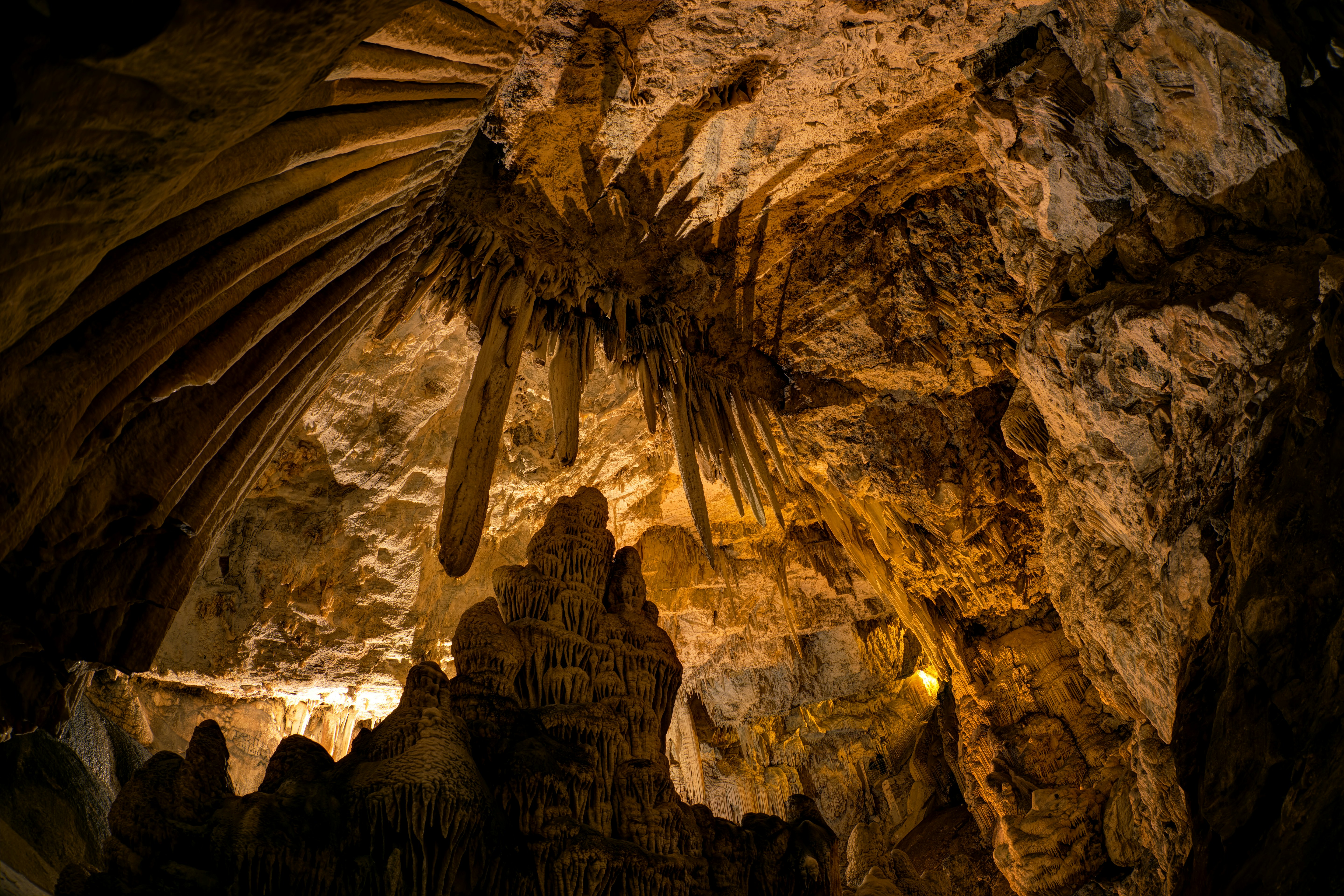 Stalactites and stalagmites in the cave of Antiparos.