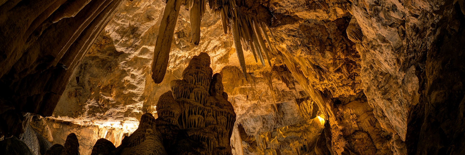 Stalactites and stalagmites in the cave of Antiparos.