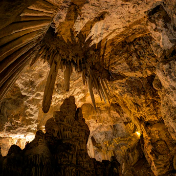 Stalactites and stalagmites in the cave of Antiparos.
