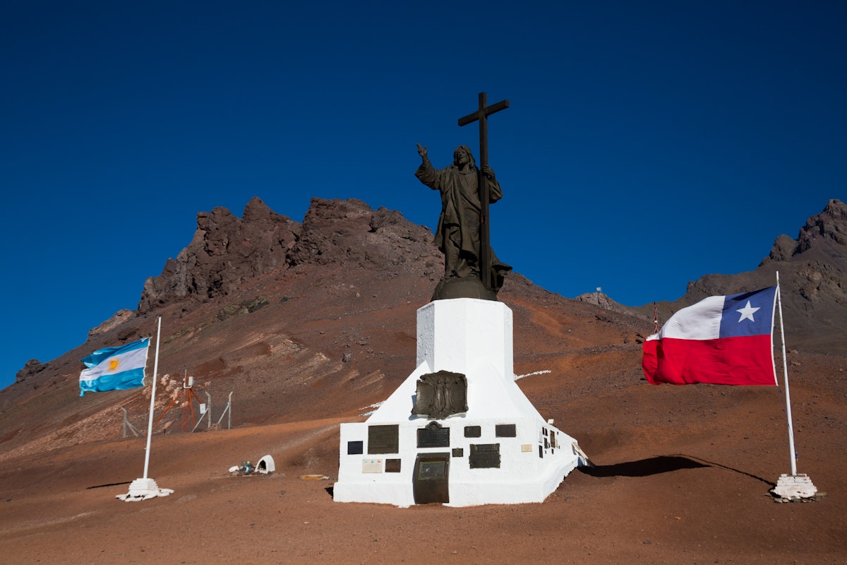 Statue of Christ (Cristo Redentor de los Andes) near mountain pass Paso Los Libertadores, Argentina.