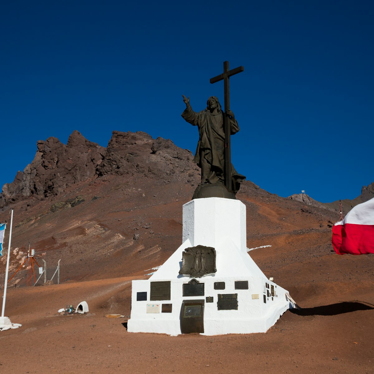 Statue of Christ (Cristo Redentor de los Andes) near mountain pass Paso Los Libertadores, Argentina.