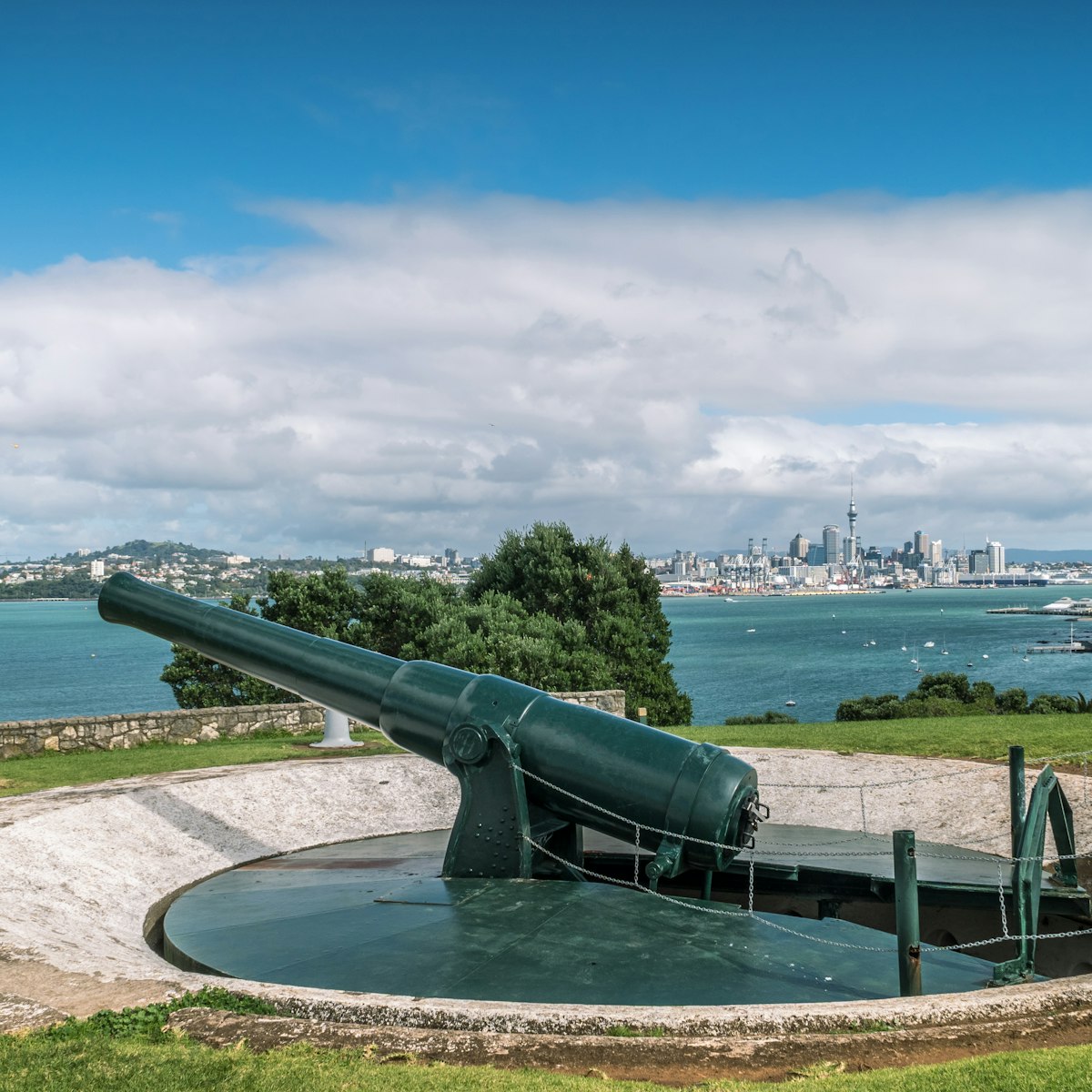 Historic cannon on North Head Reserve overlooking Auckland.