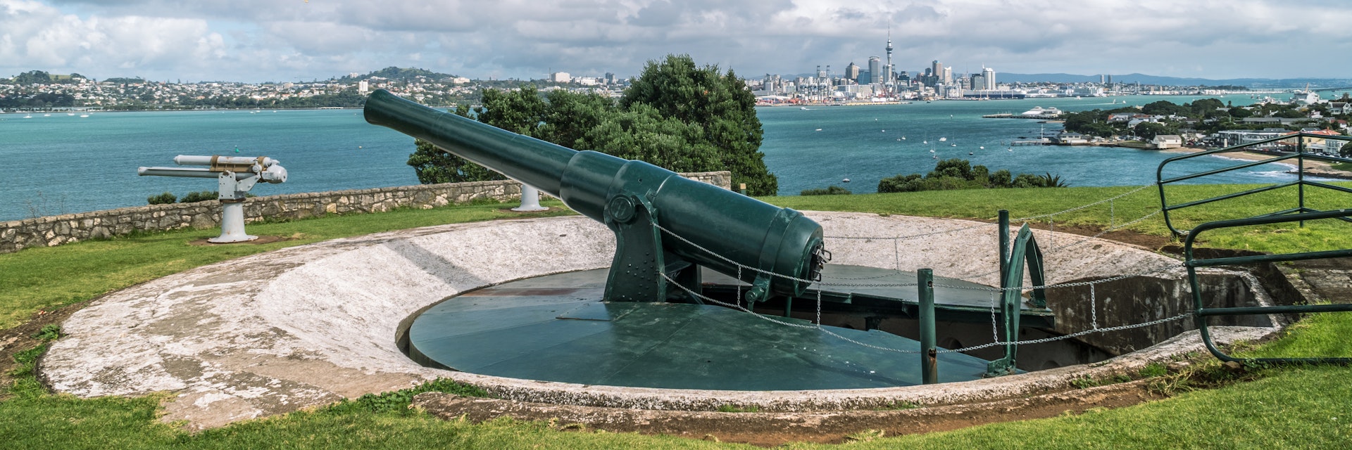 Historic cannon on North Head Reserve overlooking Auckland.