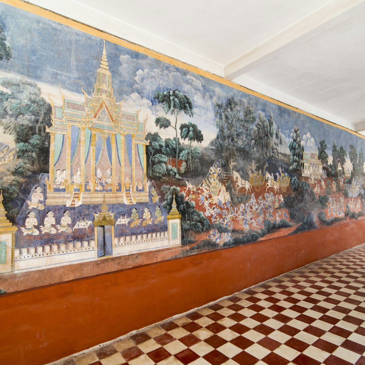 The Ramayana Mural paintings at the silver Pagoda of the Royal Palace in the city of Phnom Penh of Cambodia.