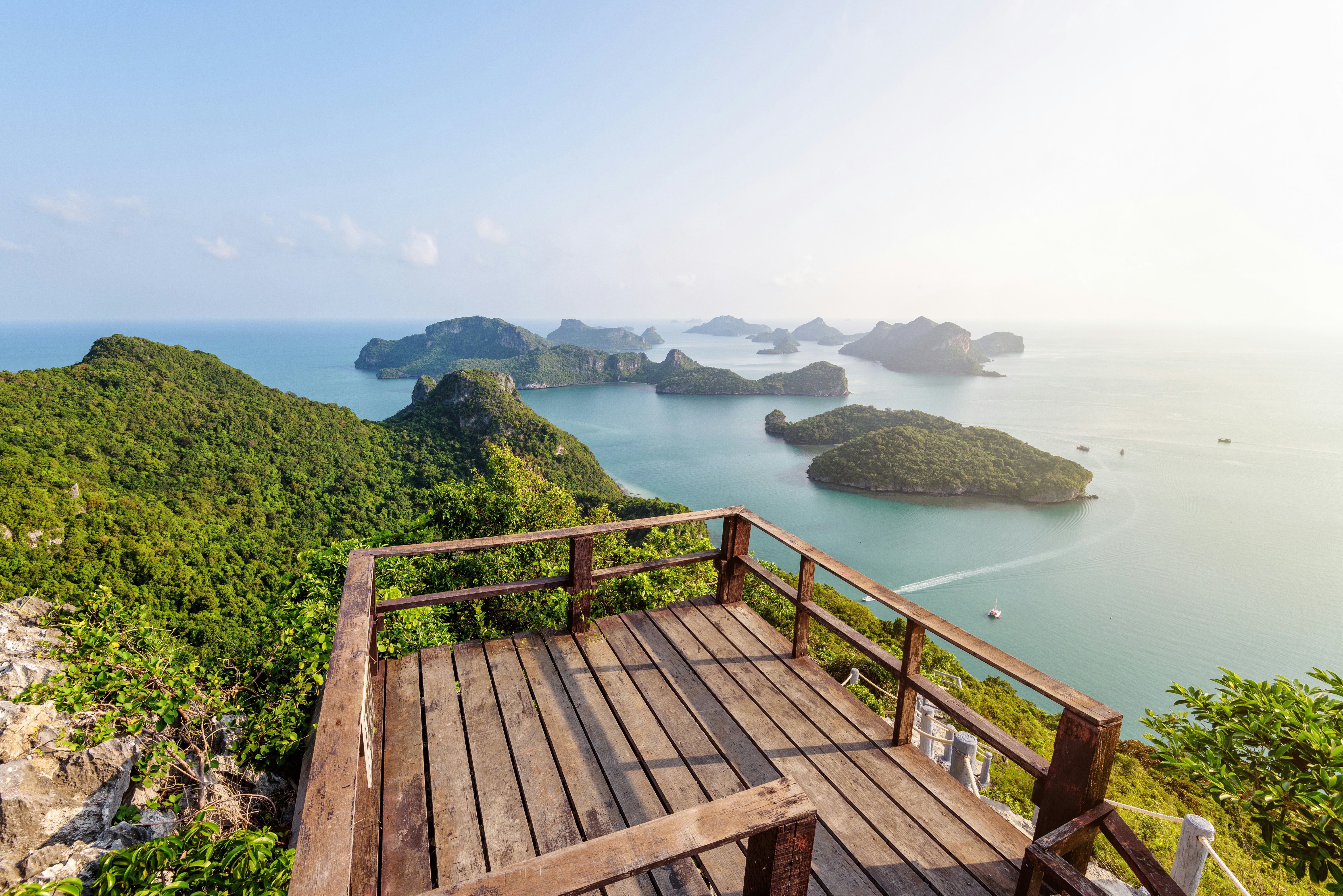 Podium viewpoint on Ko Wua Ta Lap island looking out over Mu Ko Ang Thong National Marine Park, Surat Thani, Thailand.