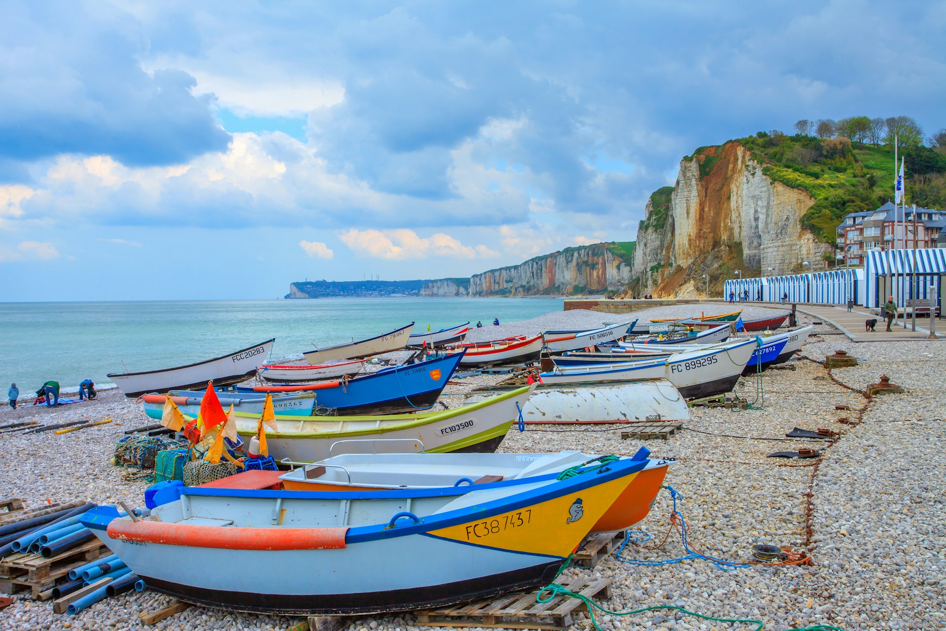 Colorful boats on the beach in Yport, Normandy, France