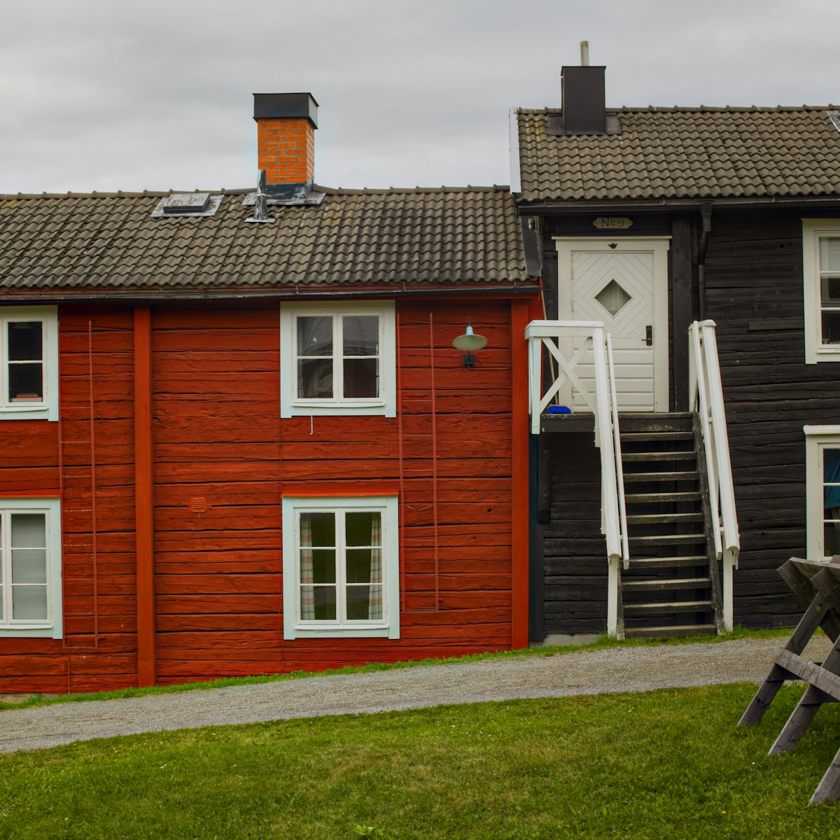 Row houses in the church village Kyrkstaden in Vilhelmina, Sweden.
