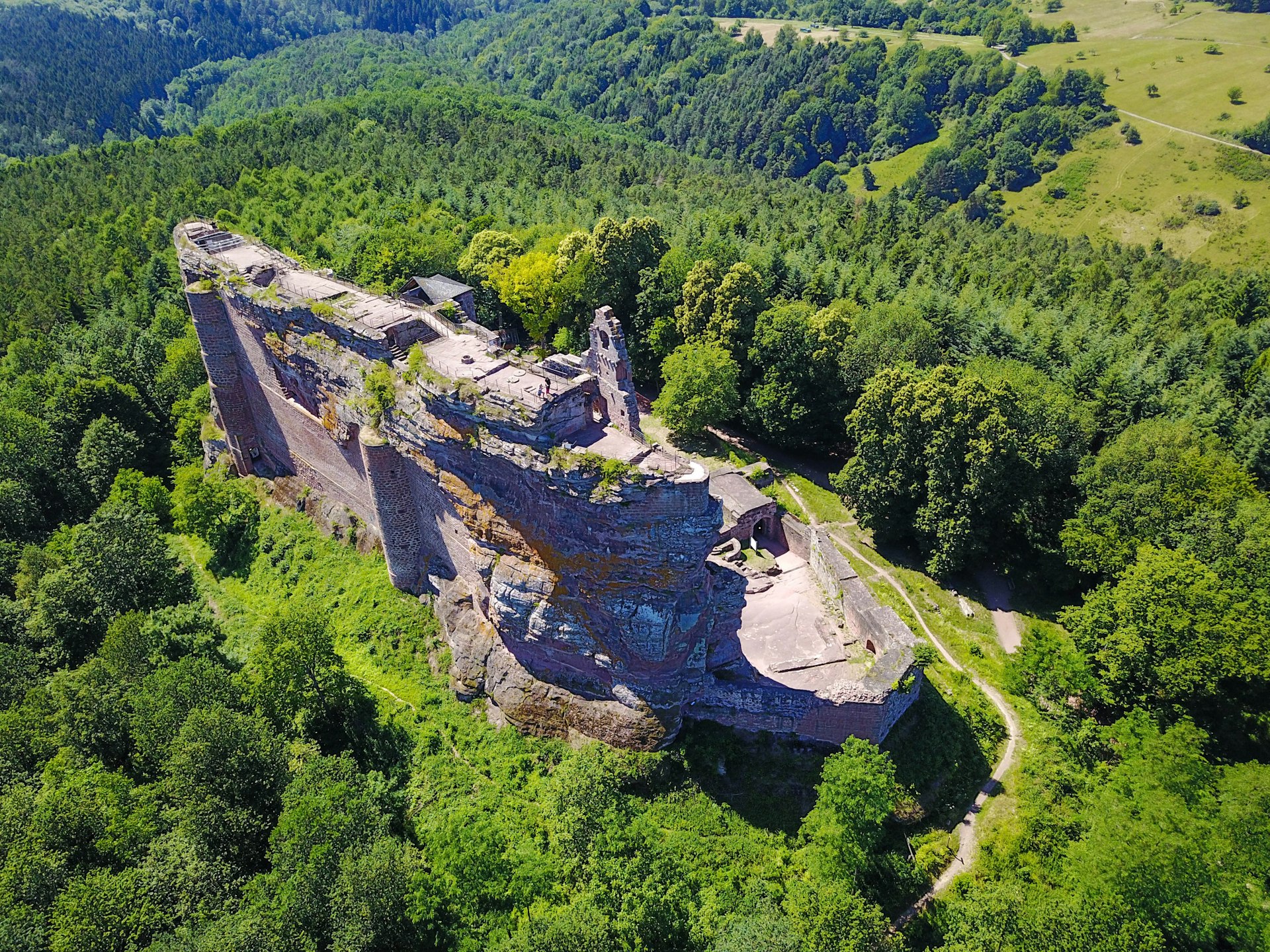 Aerial view of the Fleckenstein castle in the middle of the forest, Alsace France