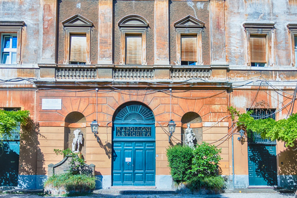 Scenic street scene with a building with symetrical doors and windows