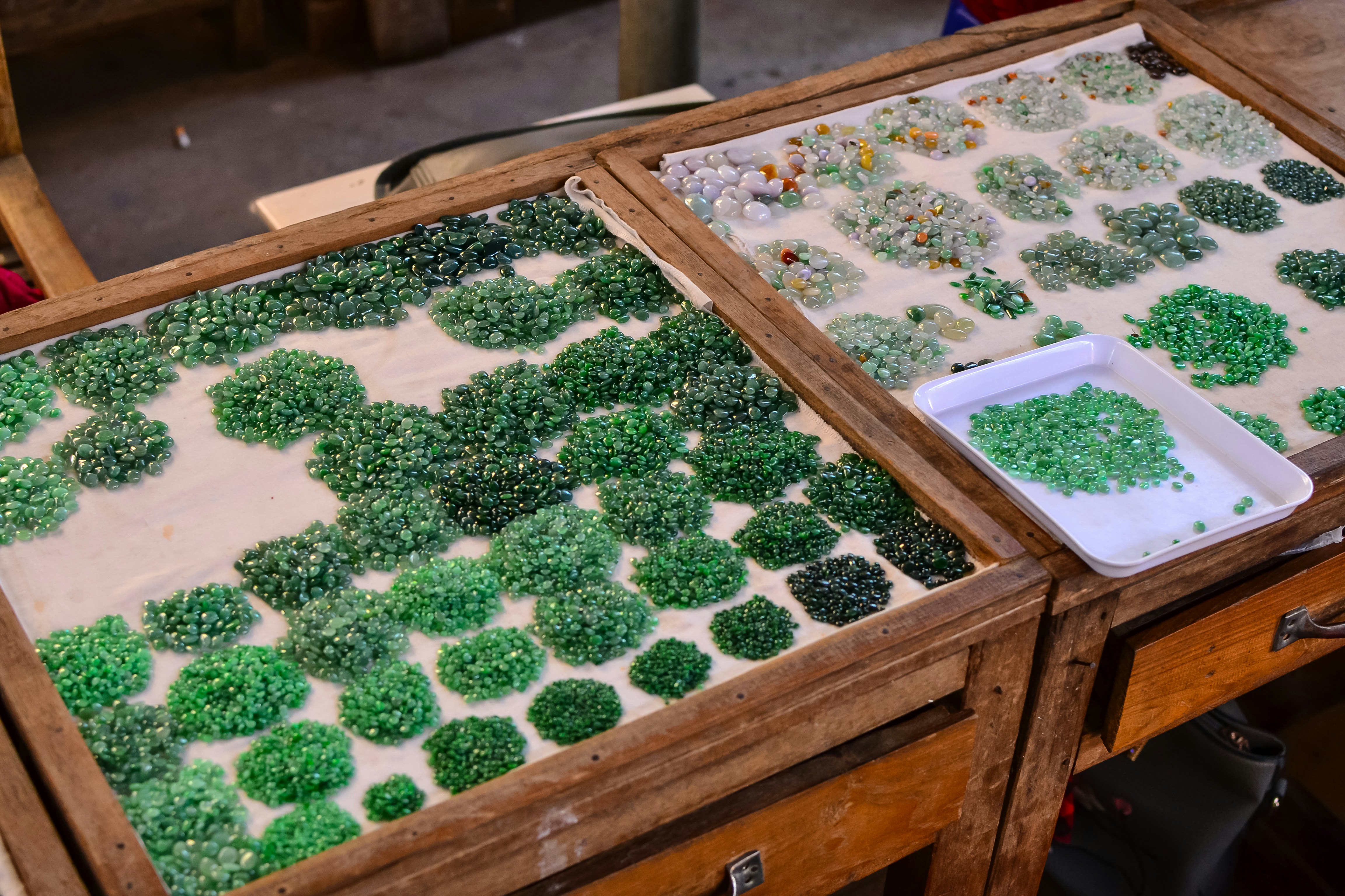 Jade stones and jewelry at the Jade Market, Mandalay, Myanmar.