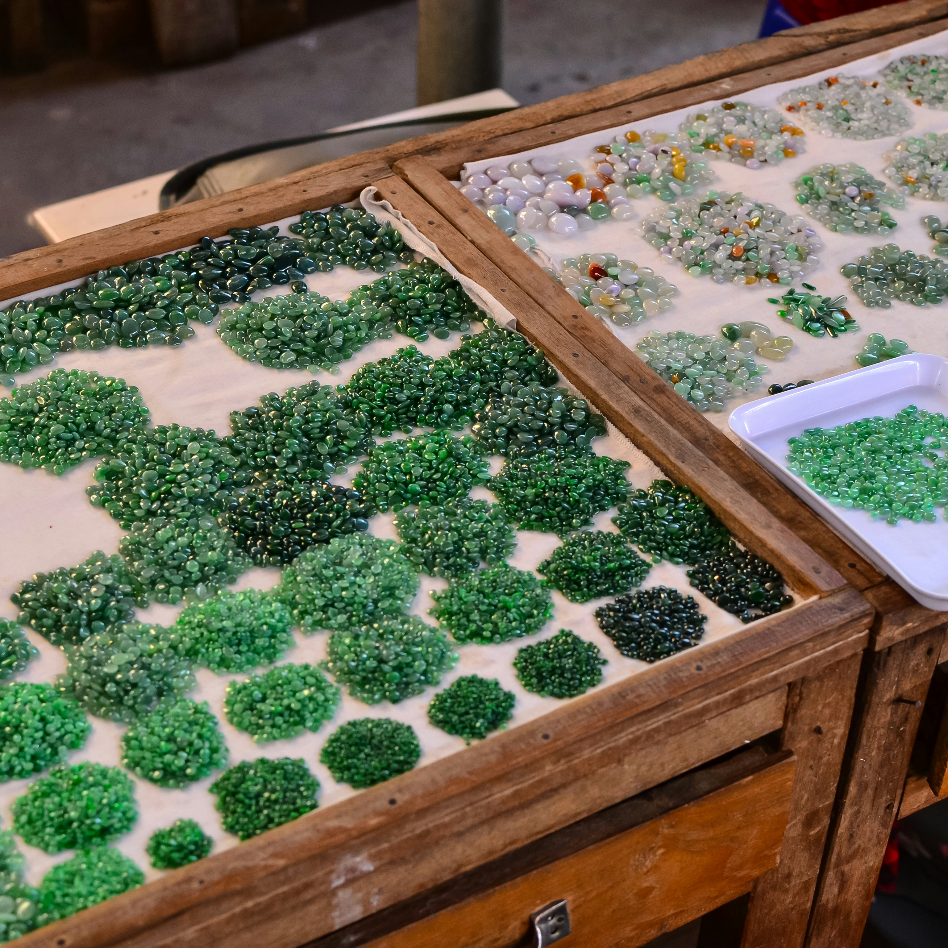 Jade stones and jewelry at the Jade Market, Mandalay, Myanmar.