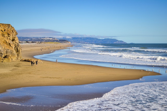 Shadowy figures wander a long a sandy beach on a windy day