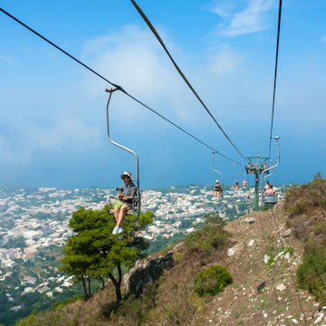 July 29, 2018: People riding up the mountain chair lift in Capri.
1158732217
above, adventure, aerial, amalfi, anacapri, cable, cableway, campania, capri, car, chair, chairlift, city, destination, europe, funicular, height, high, island, italian, italy, landscape, lift, mediterranean, monte, mount, mountain, naples, nature, people, sea, sky, solaro, summer, top, tour, tourism, tourist, touristic, town, transport, transportation, travel, trip, vacation, view, way
