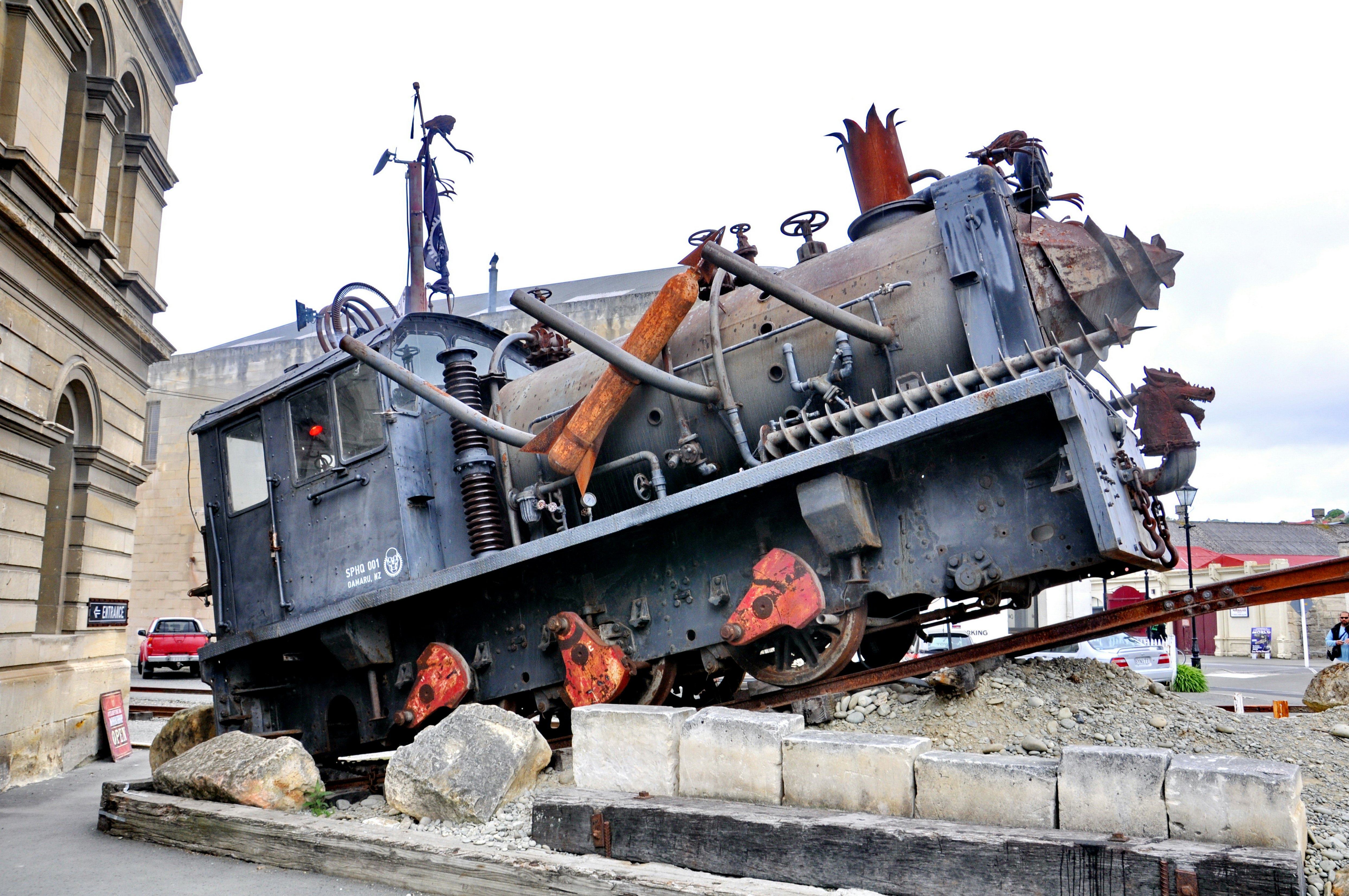 An old train at Steampunk HQ, which portrays an industrial version of steampunk in the coastal town of Oamaru.