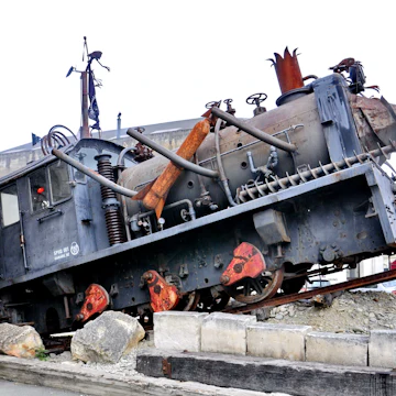 An old train at Steampunk HQ, which portrays an industrial version of steampunk in the coastal town of Oamaru.