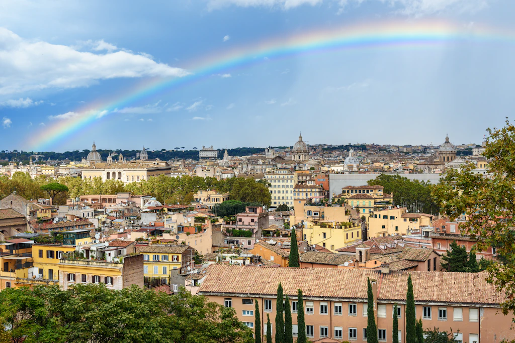 Views of Rome from Gianicolo Rainbow over the rooftops of Rome, as seen from Janiculum hill, Terrazza del Gianicolo