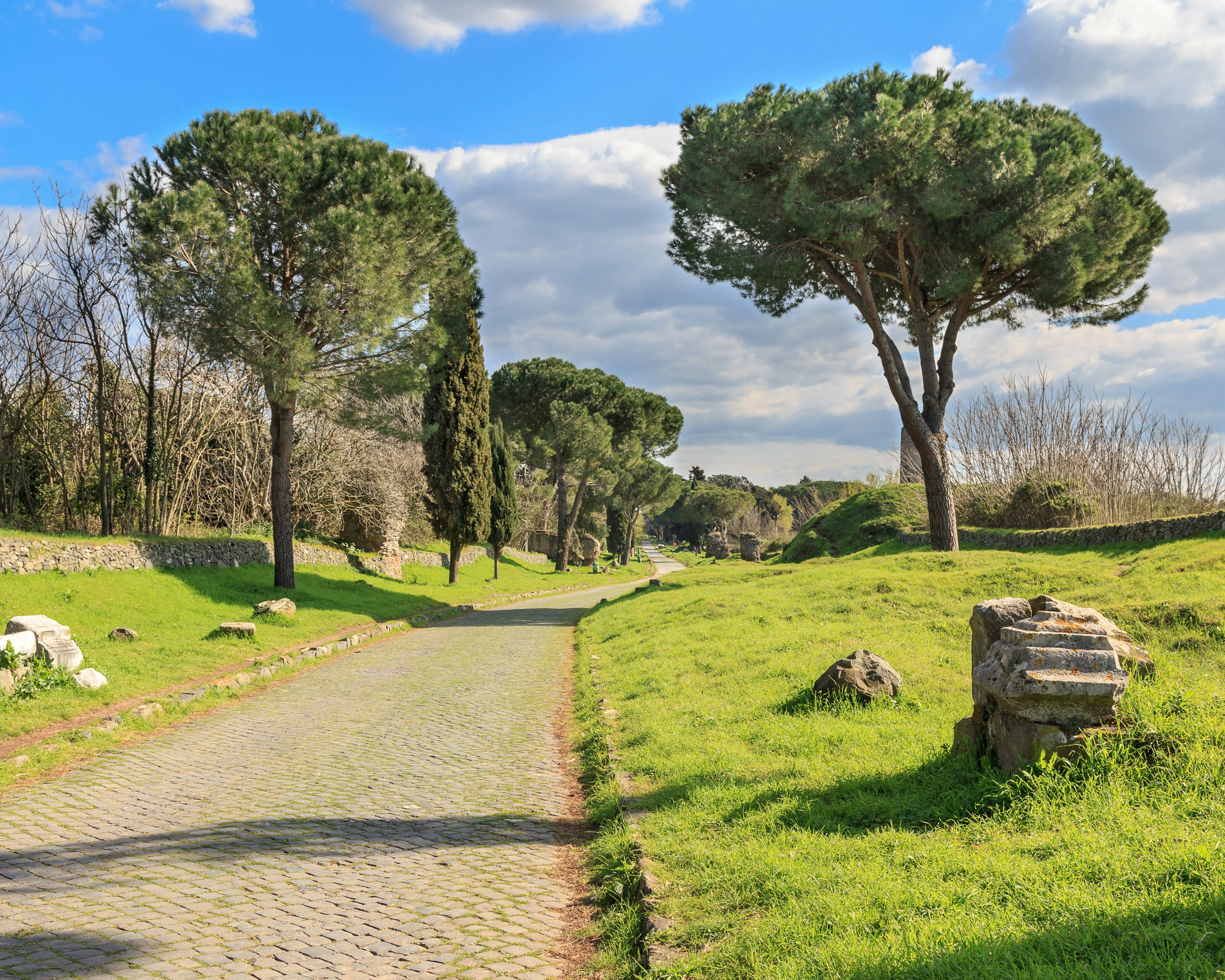 The cobbled stones of a long rural pathway, with cypress trees along the path.