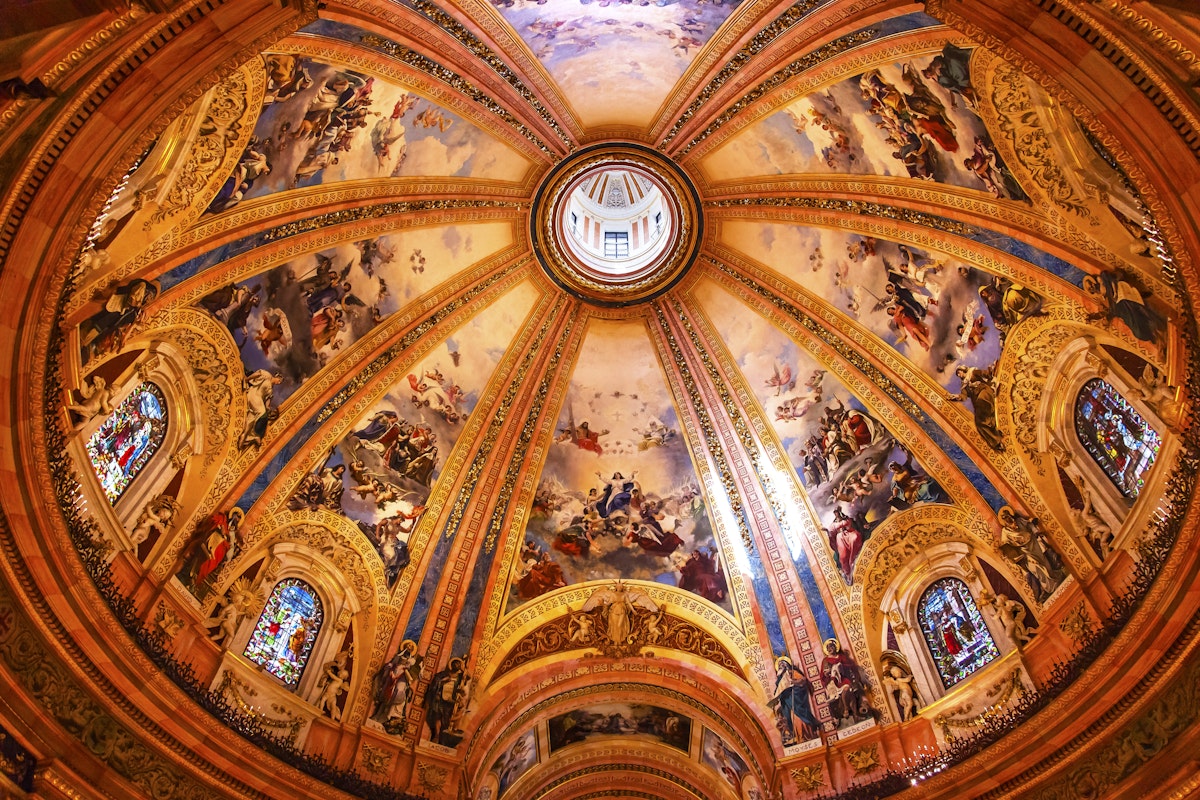 Frescoed dome inside San Francisco el Grande Royal Basilica in Madrid, Spain.