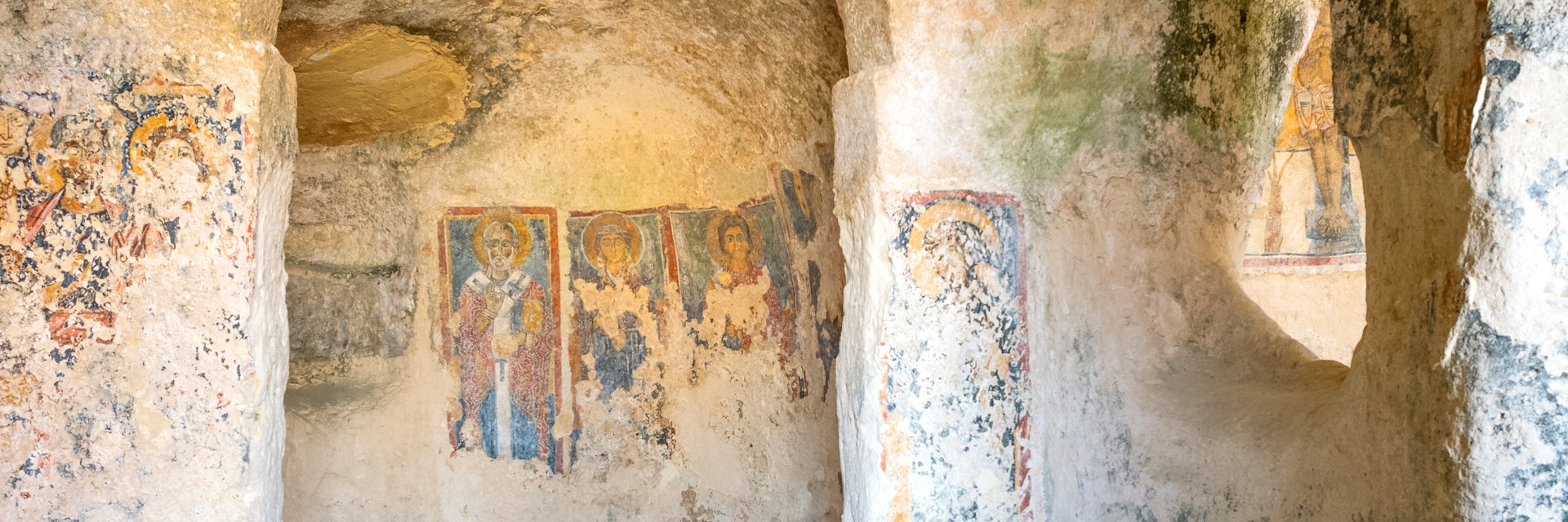 The ancient frescoes of the Madonna Delle Virtu rocky church.
