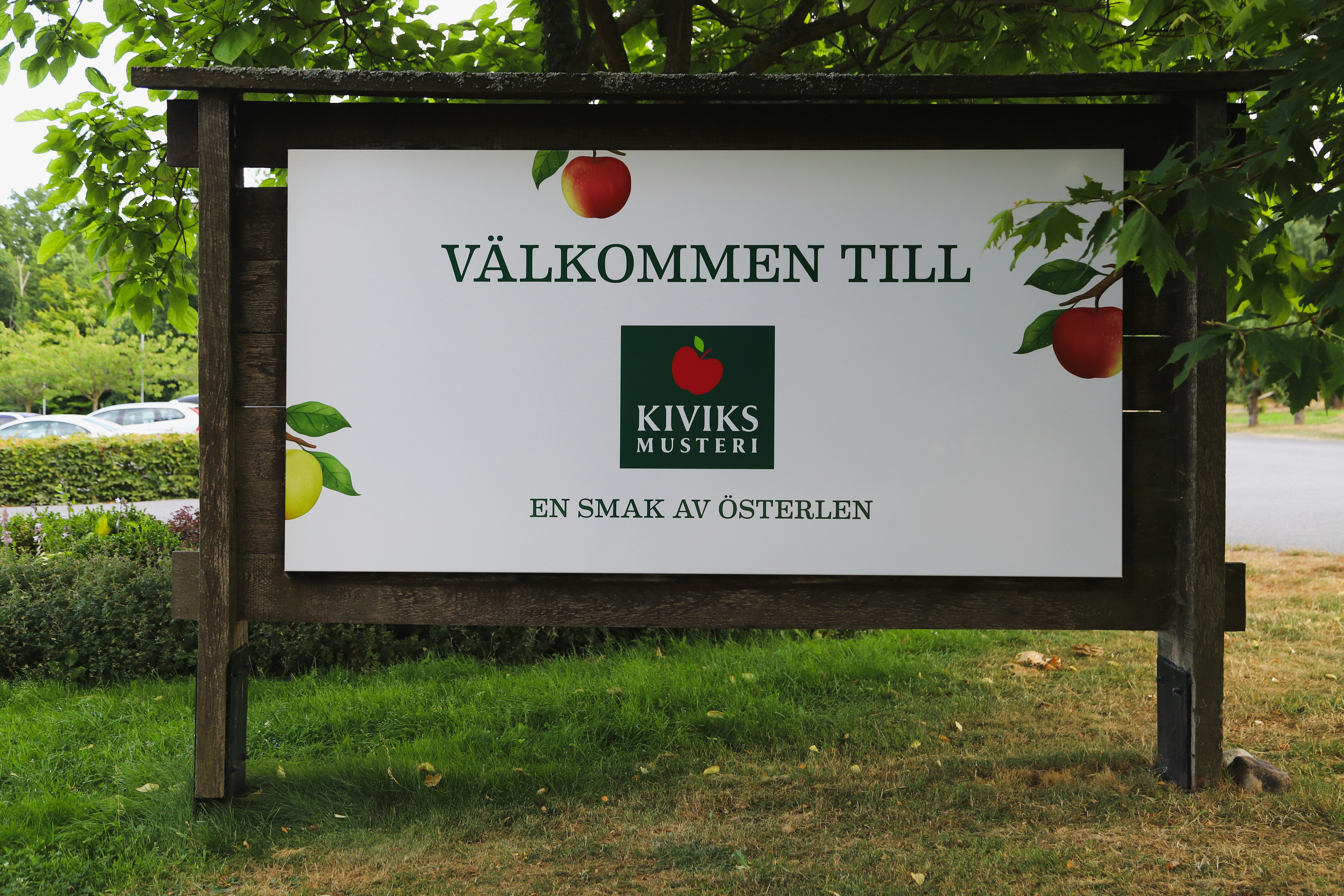 Welcome sign at Kiviks Musteri in Sweden.