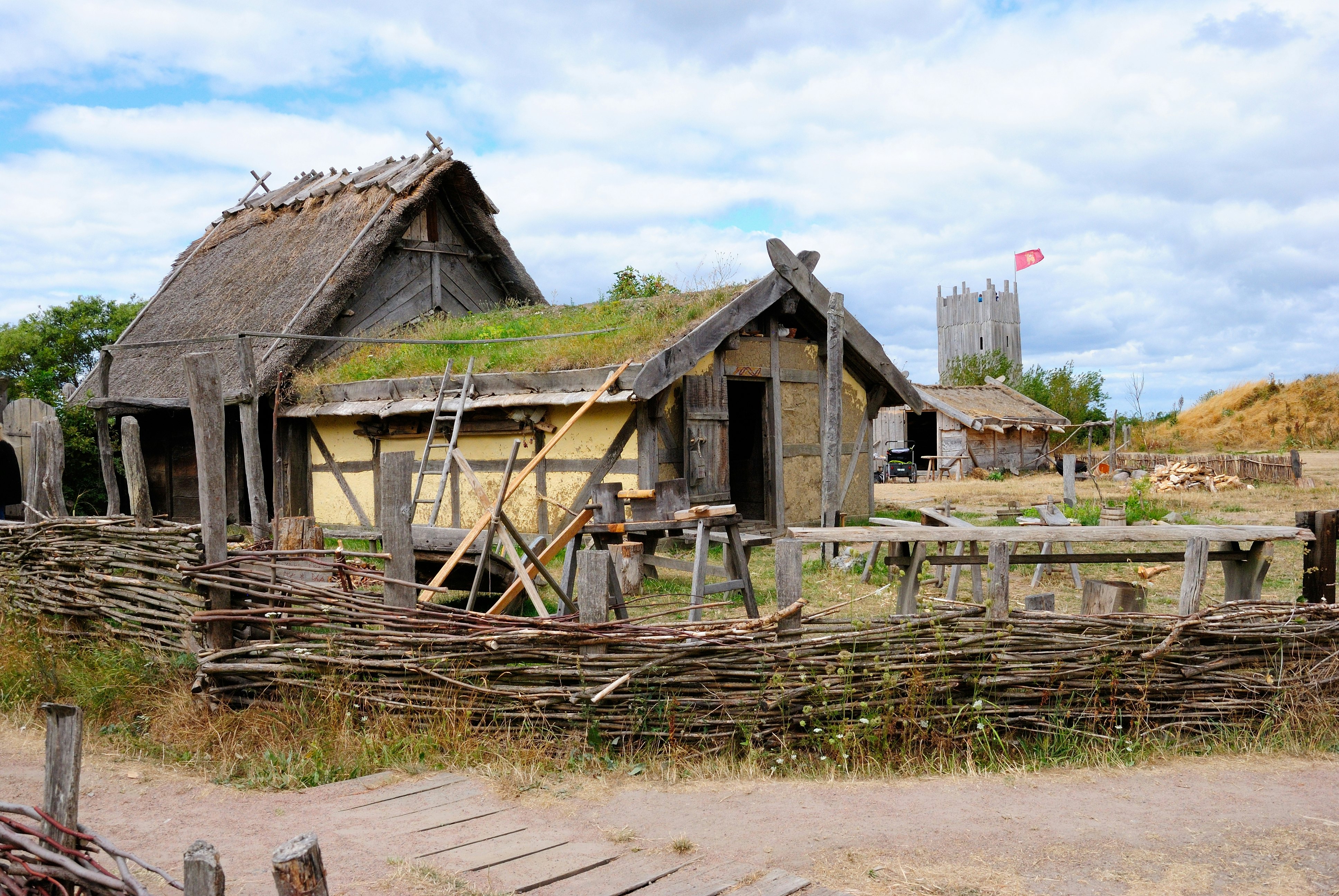 Recreated Viking Age settlement at Foteviken Museum.