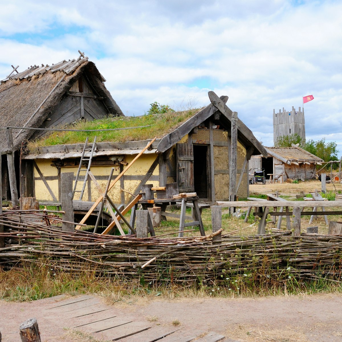 Recreated Viking Age settlement at Foteviken Museum.